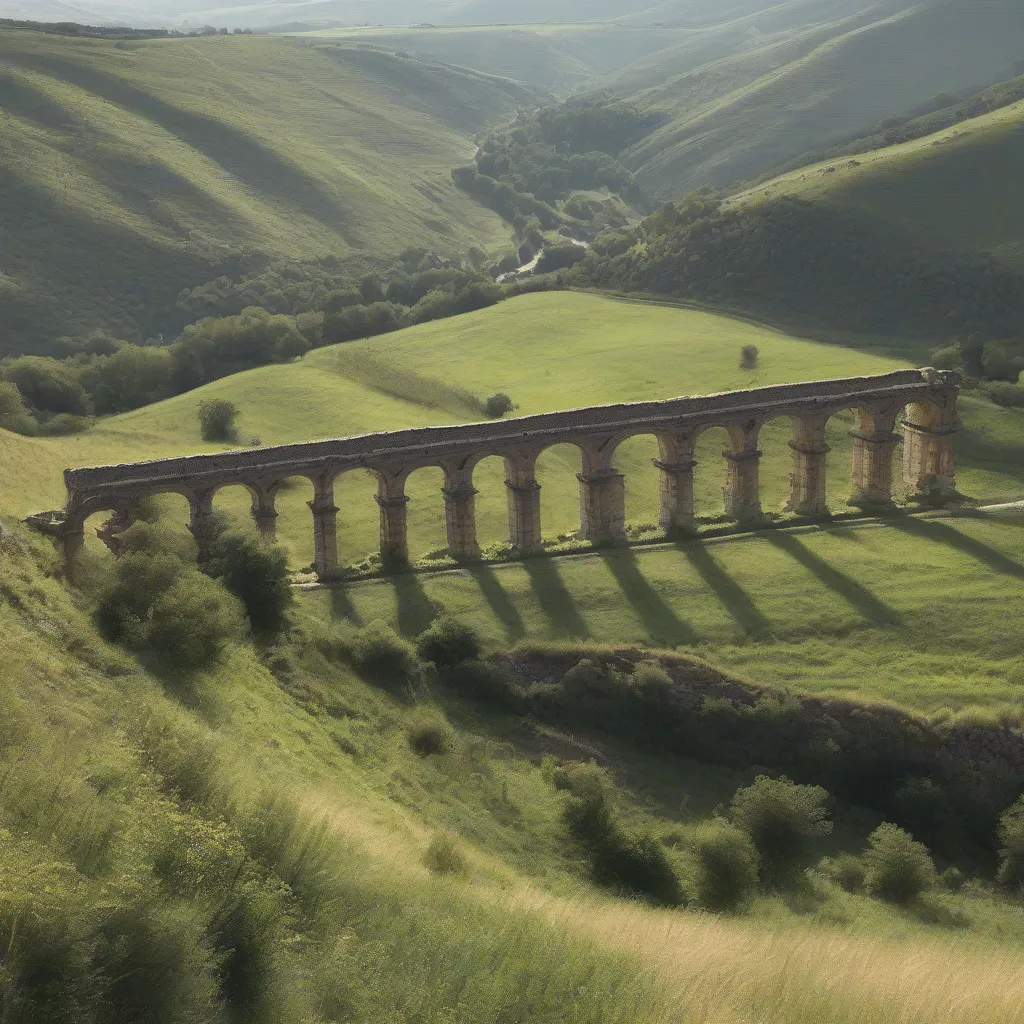 A partially ruined Roman aqueduct spanning across a valley.