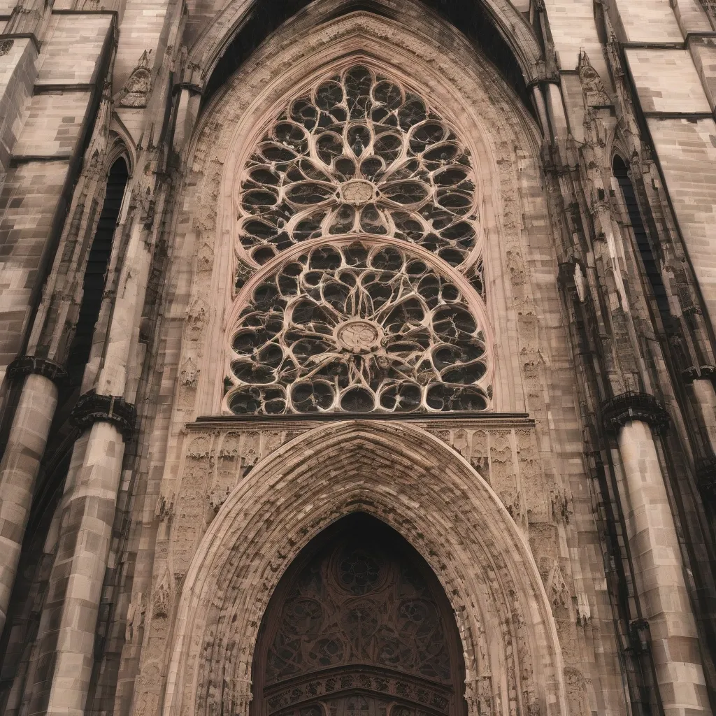 Gothic cathedral facade with rose window and intricate carvings