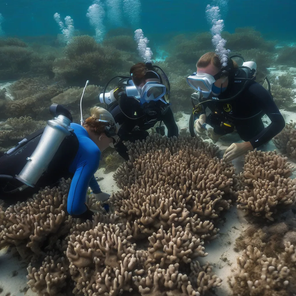 A coral nursery with divers tending to young coral fragments.