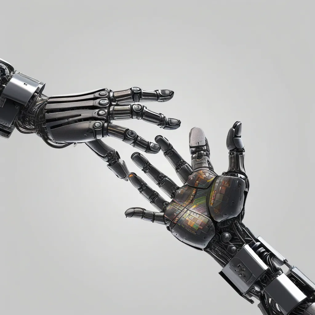 A robot hand reaching out to touch a human hand, symbolizing the interaction between AI and human morality.