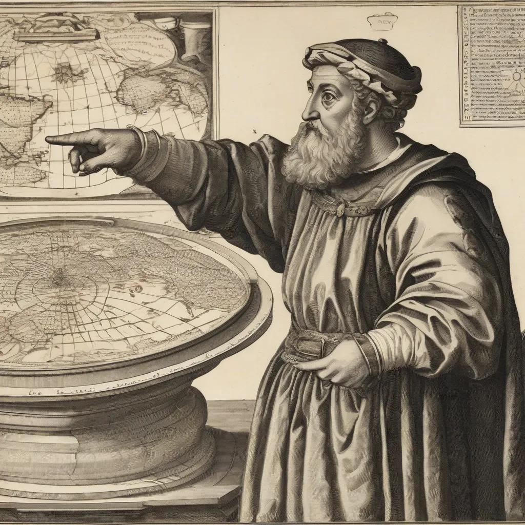 Claudius Ptolemy pointing to a map of the world.