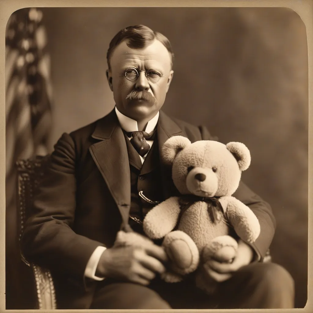 A sepia-toned photograph of President Theodore Roosevelt holding a teddy bear.