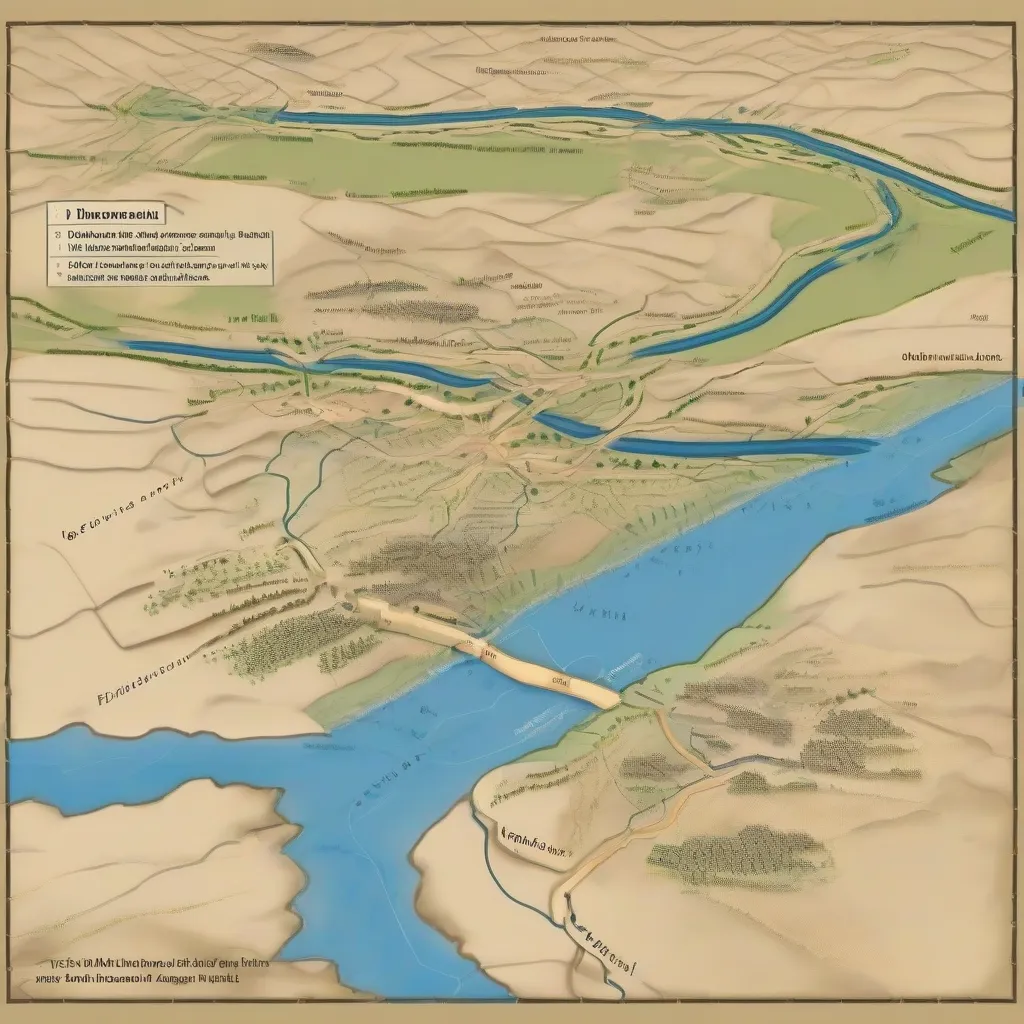 A diagram showing the layout of ancient Mesopotamian canal systems, demonstrating their connection to the Tigris and Euphrates rivers and their distribution to agricultural fields.