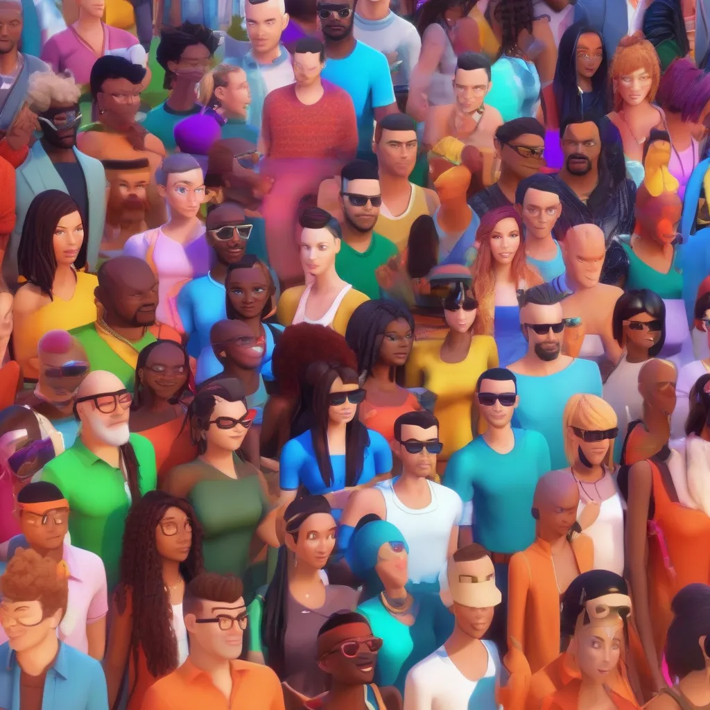 A diverse group of avatars socializing in a vibrant virtual world environment.