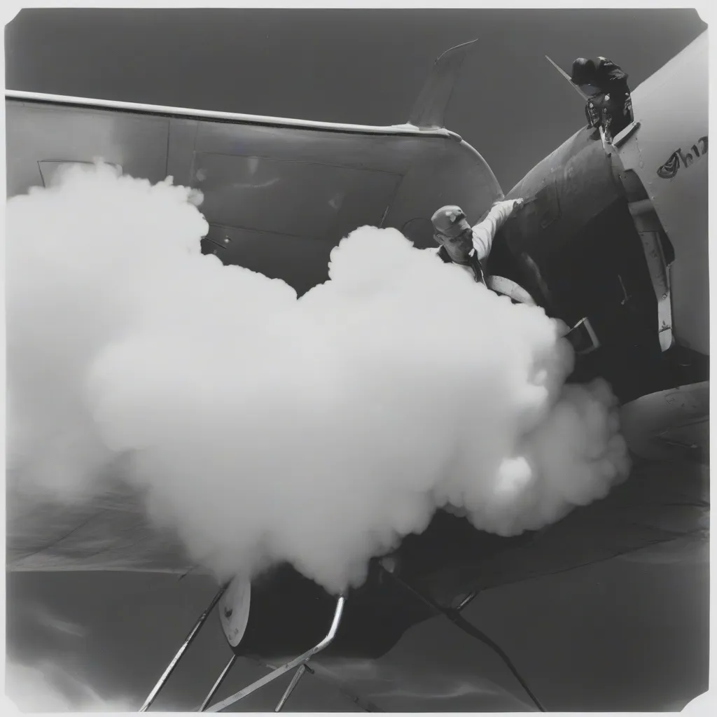 A black and white photograph of Vincent Schaefer dropping dry ice into a cloud from an airplane.