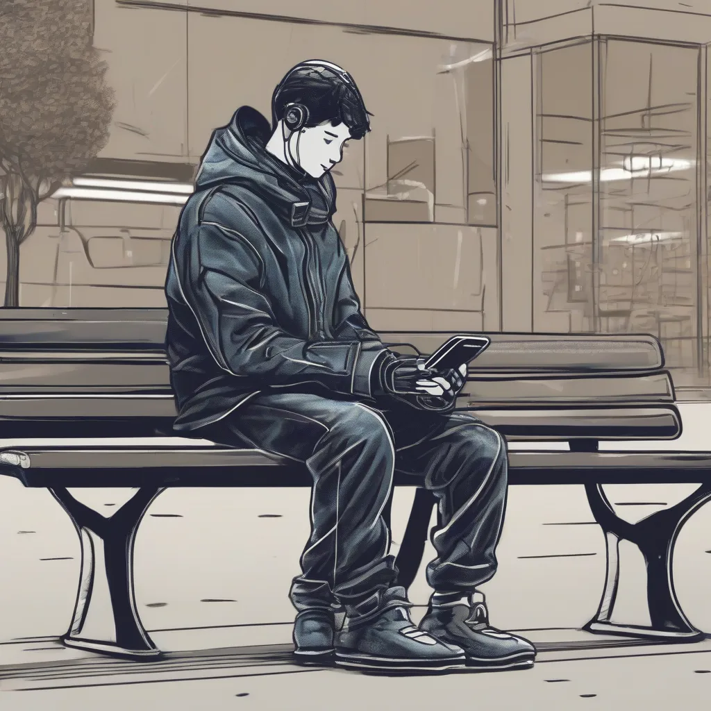 A lonely person sitting on a bench while interacting with an AI companion on their phone.
