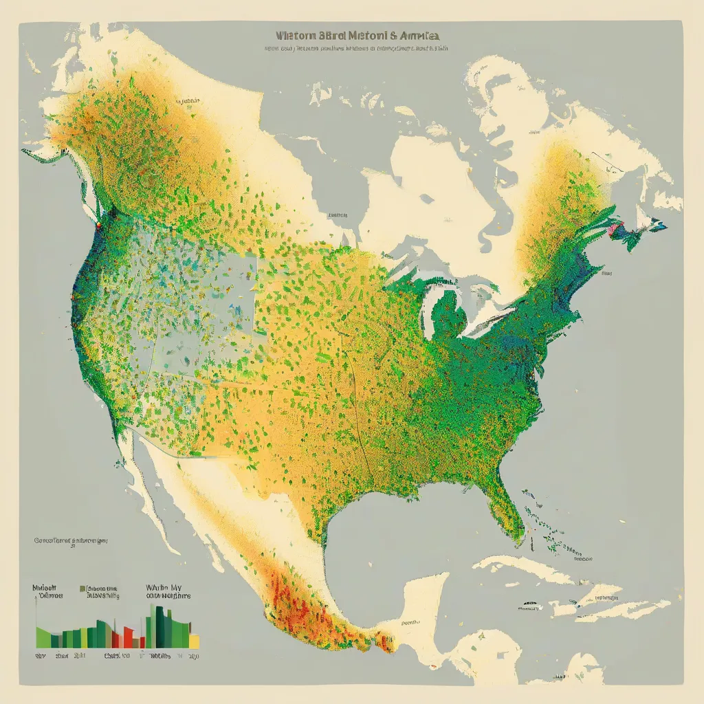 An example of a bird migration map showing flyways across North America with different colors for different species.