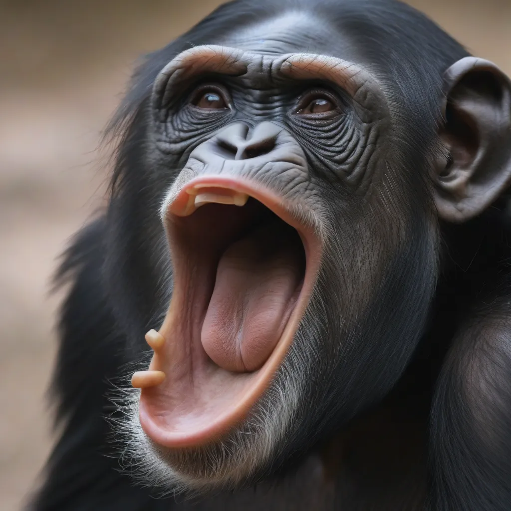 A chimpanzee exhibiting a play face with an open mouth