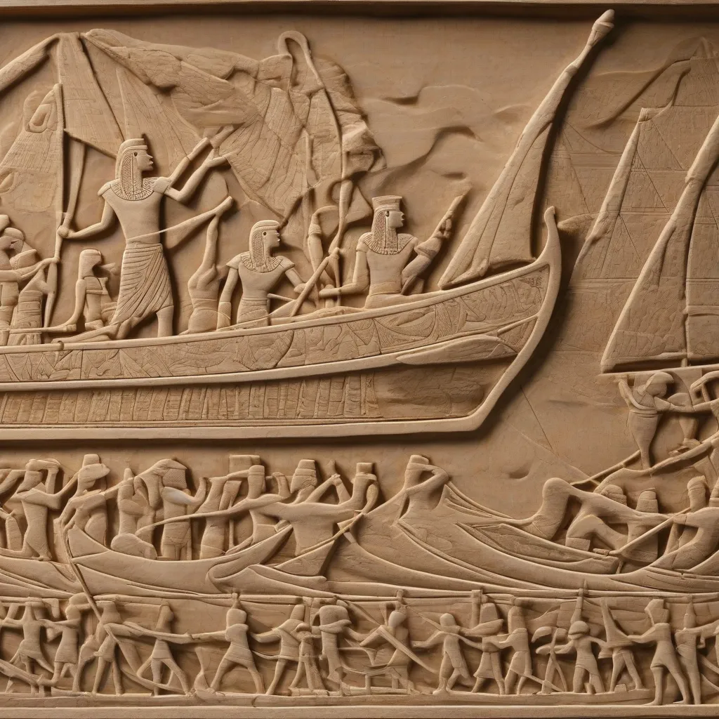 A relief carving depicting an Egyptian Nile boat with rowers.