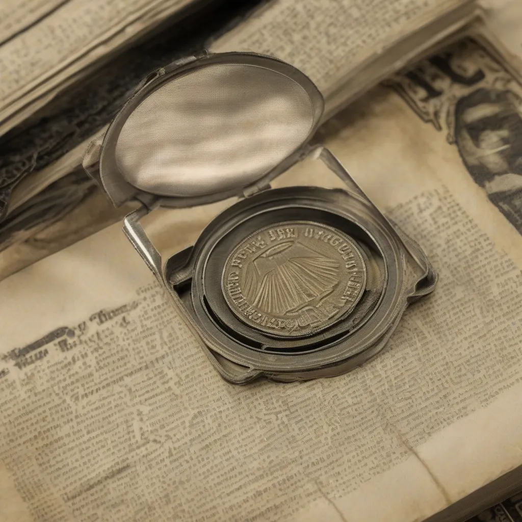 A vintage-looking hollow coin opened to reveal a tiny piece of microfilm.