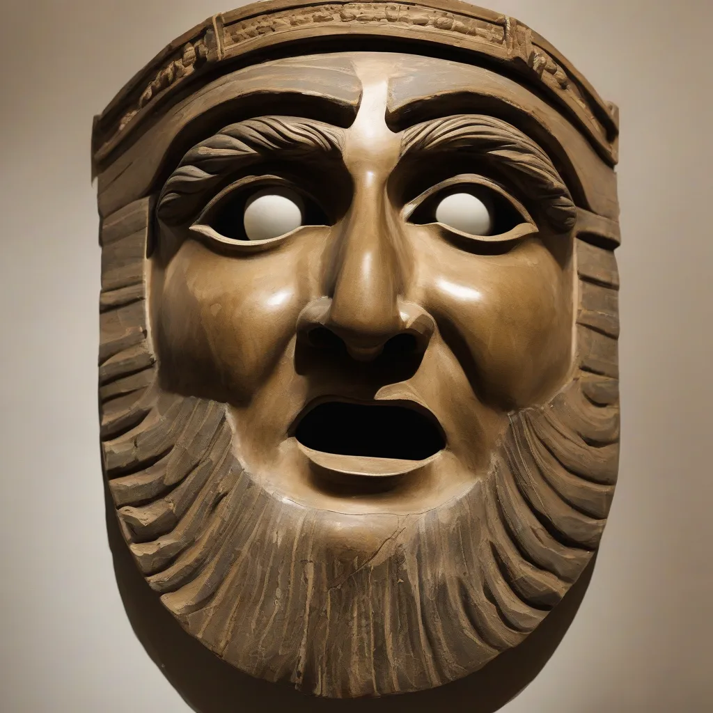 A close-up of a replica of an ancient greek theatrical mask showing the details of its construction and expression.