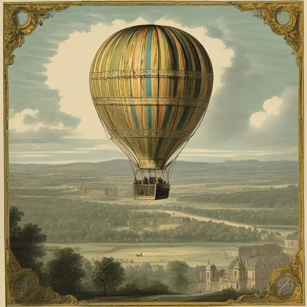 A vintage illustration of the Montgolfier brothers' hot air balloon taking flight.