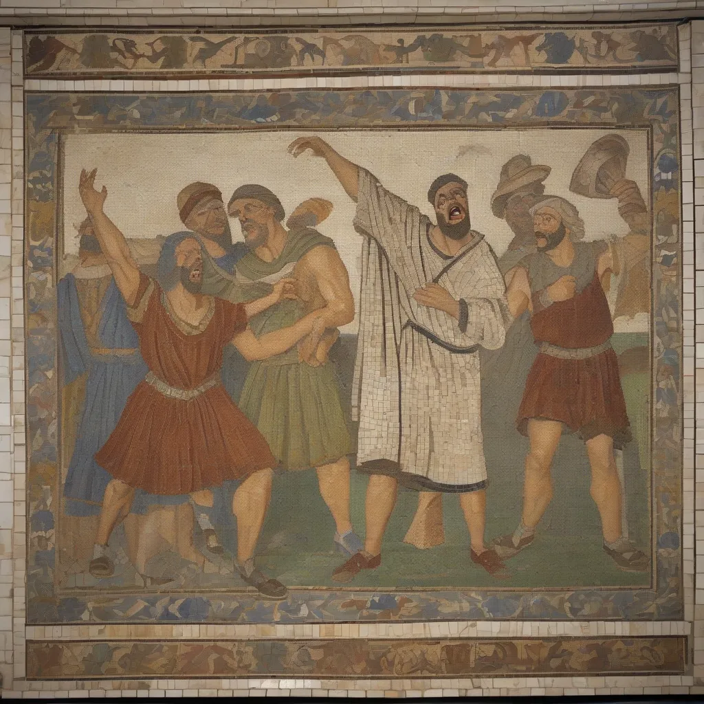 A mosaic depicting a humorous theatrical scene.