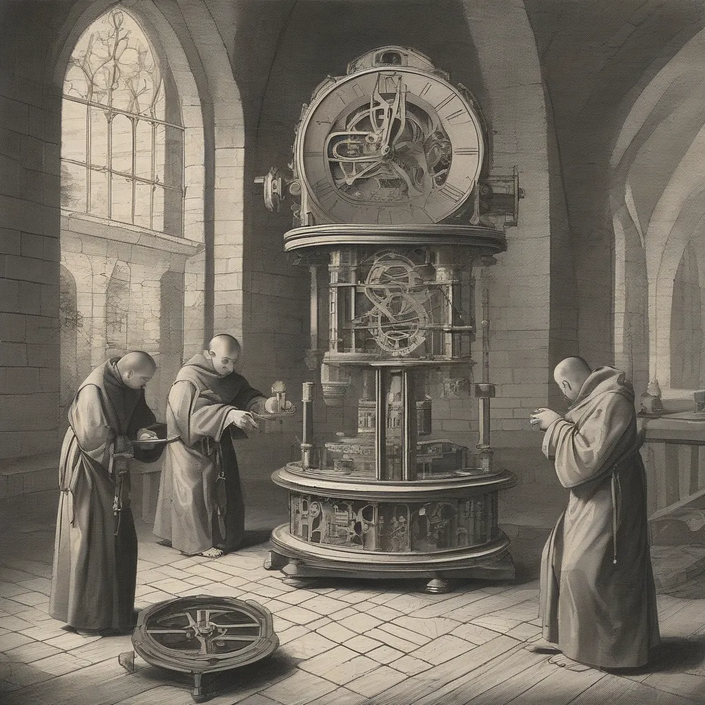An illustration of monks using an early mechanical clock in a monastery.