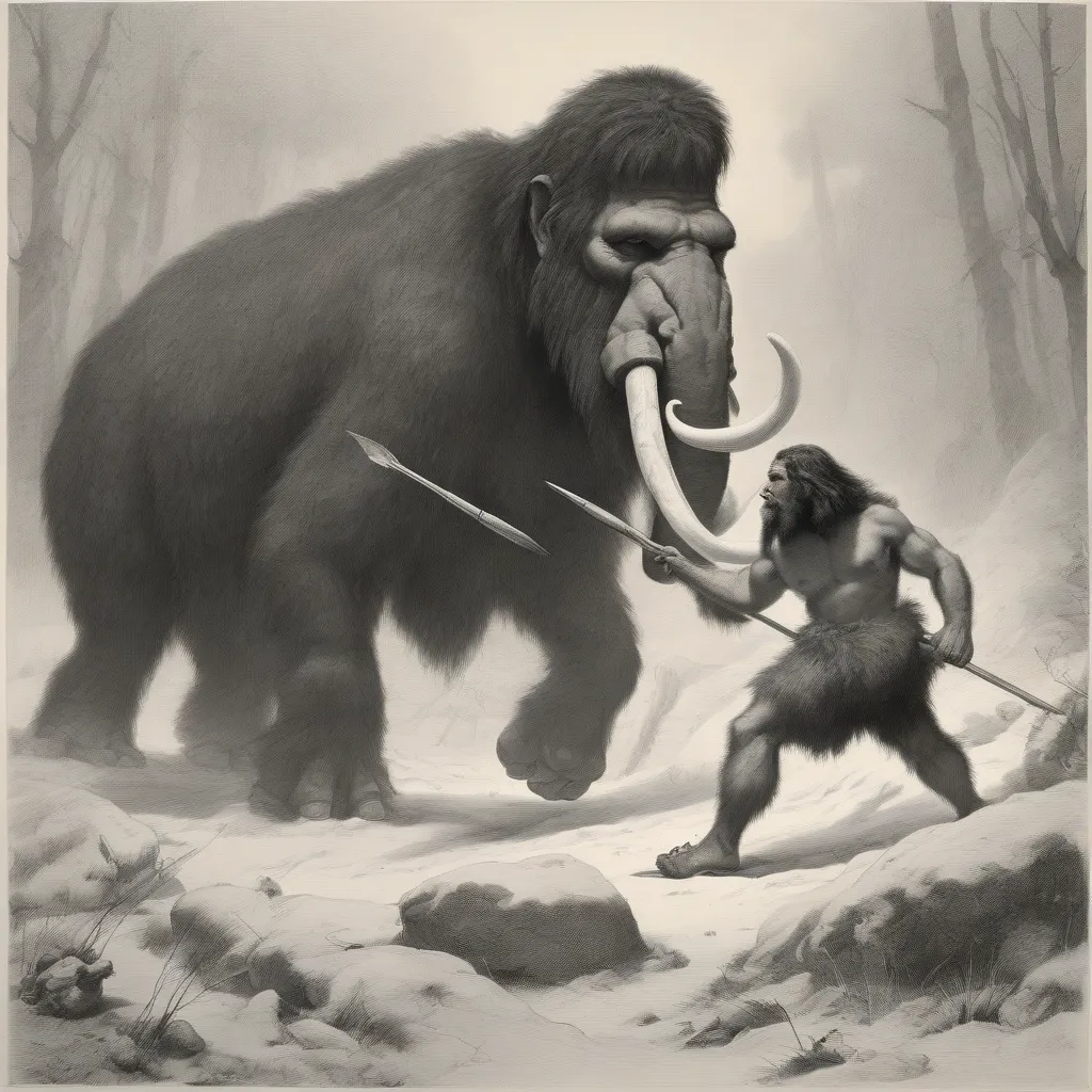 A Neanderthal hunting a woolly mammoth with spears