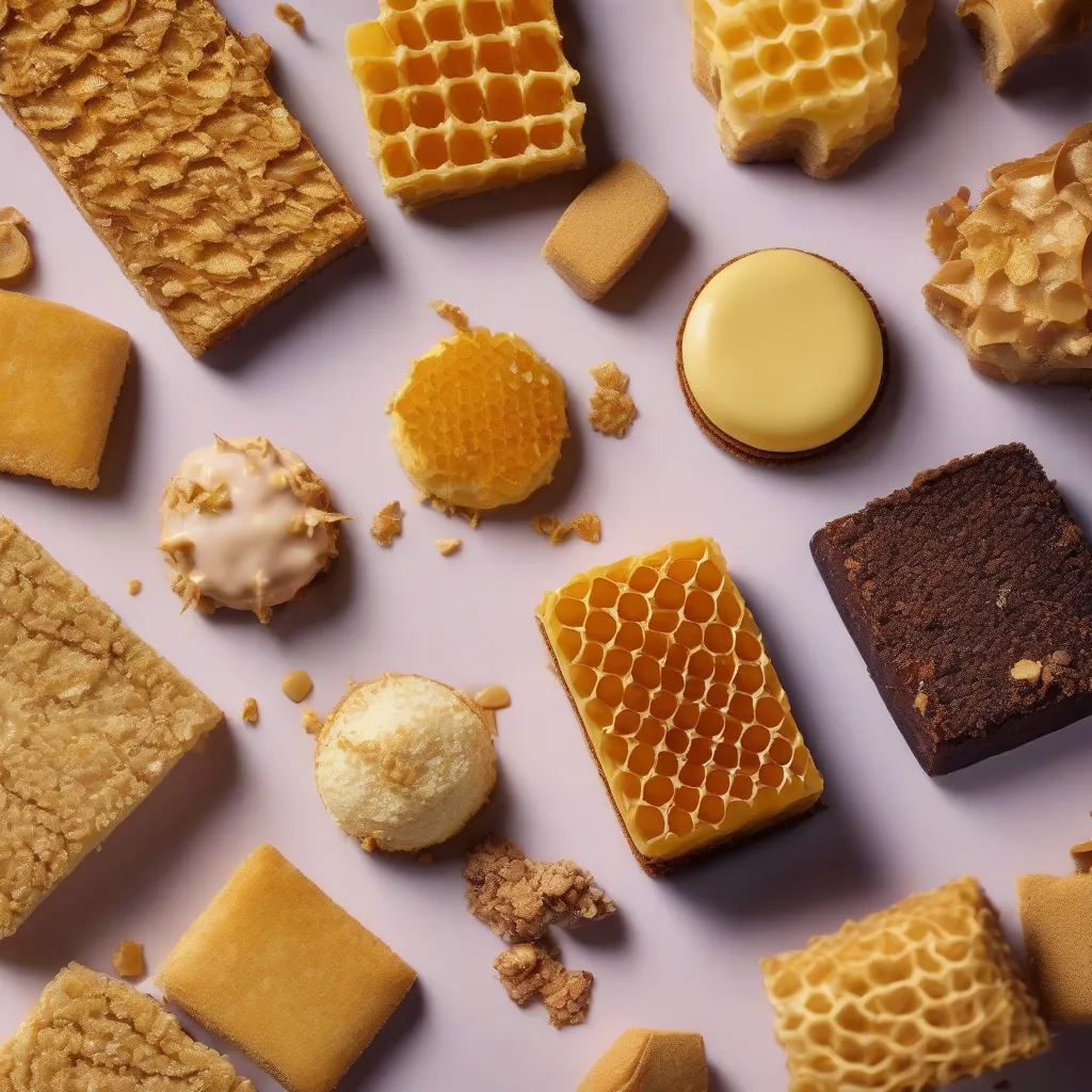 A close-up shot of various food textures, including honeycomb, velvet cake, and a crunchy biscuit.