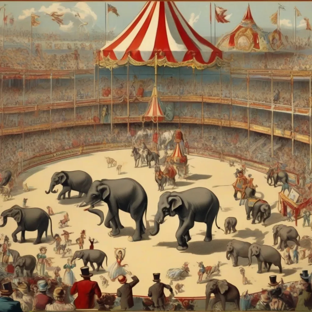 A vintage poster depicting a circus with elephants, horses, and other animals performing tricks.
