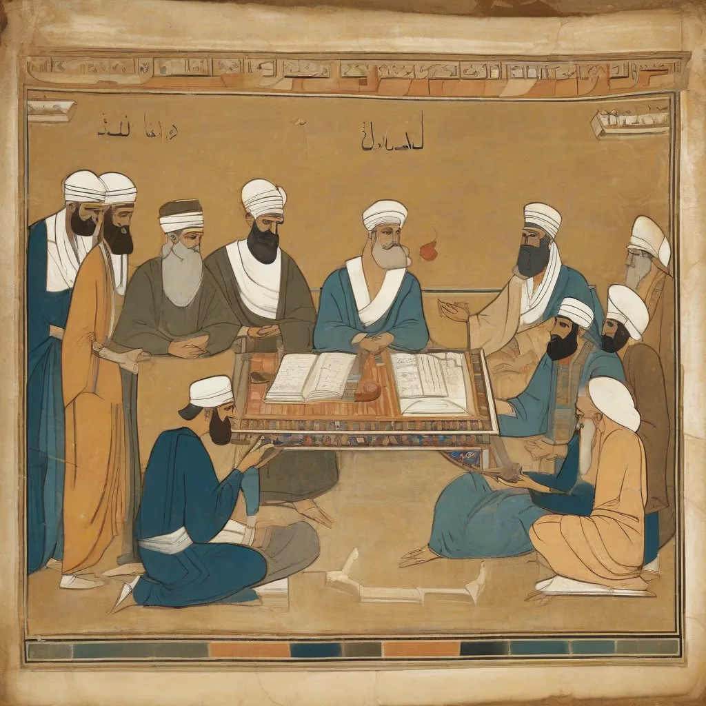 A stylized depiction of scholars working and discussing texts within the House of Wisdom in Baghdad.