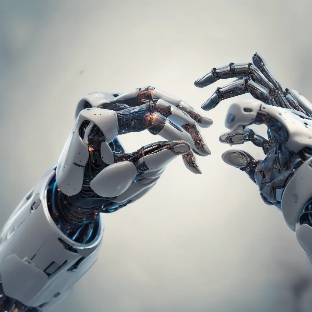 A digital artwork depicting a robot hand reaching out to a human hand, both slightly blurred, symbolizing the uncertainty and potential risks involved in creating sentient AI.