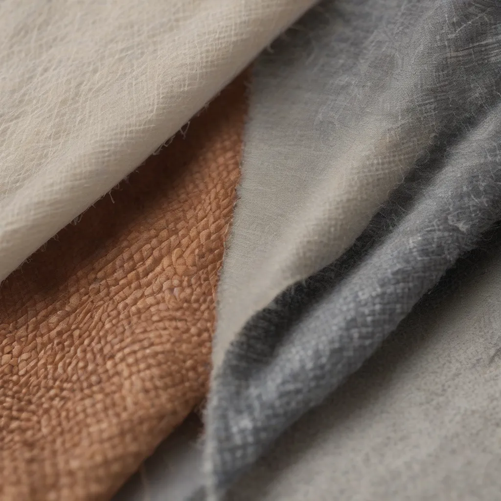 A close-up shot of various sustainable fabrics like pineapple leather, recycled polyester, and organic cotton.
