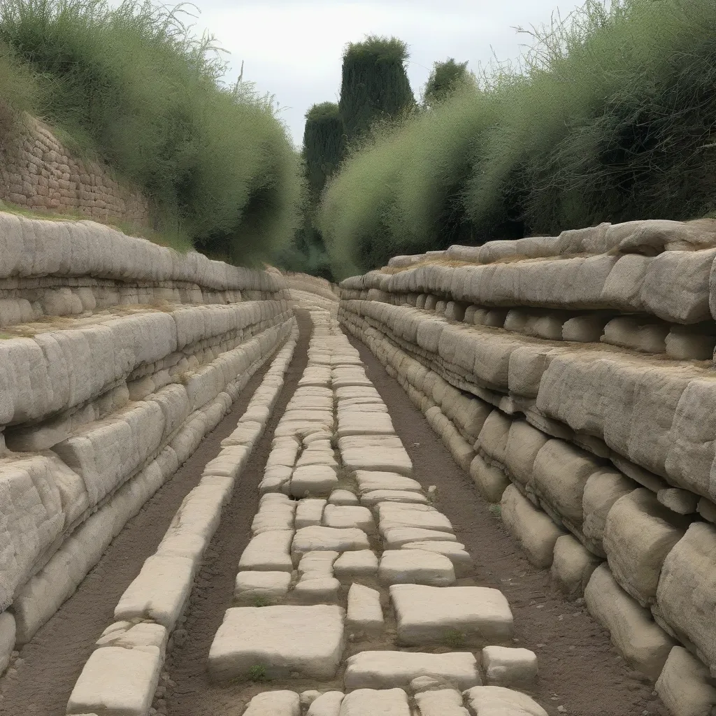 A well-preserved section of a Roman road, showing the layered construction.