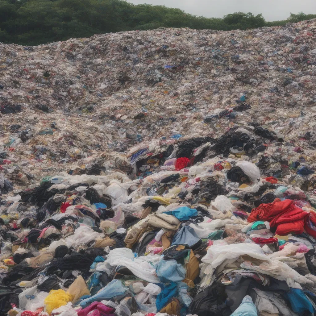A overflowing landfill with discarded clothing