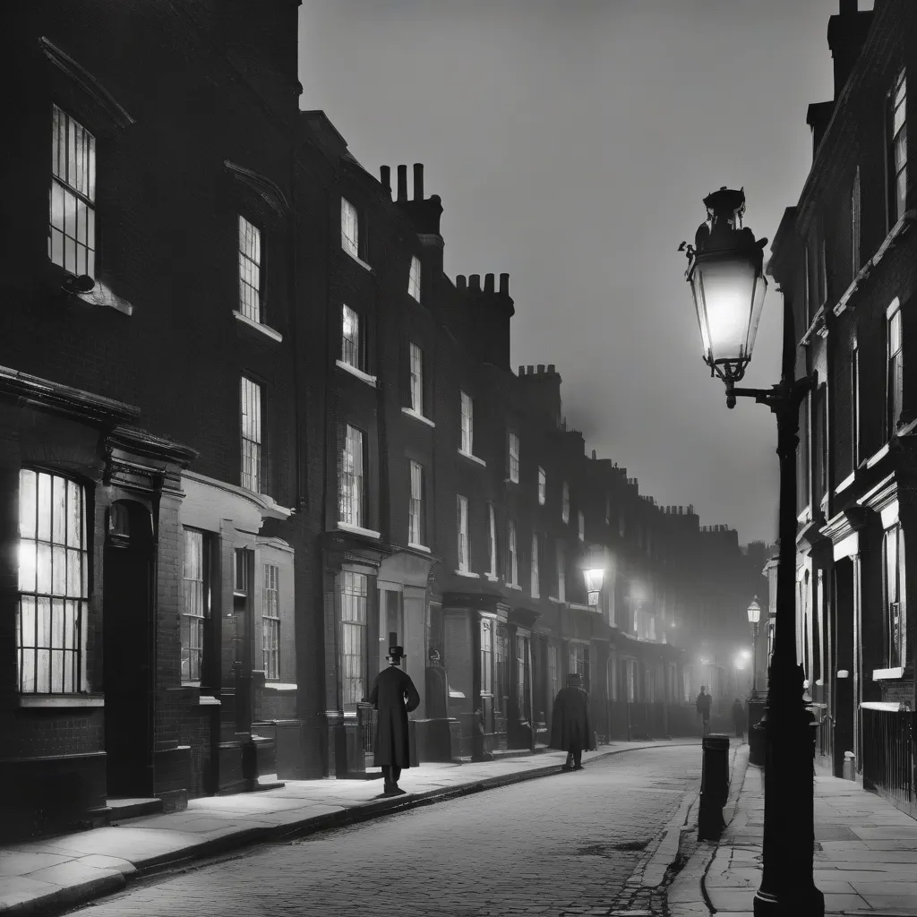A black and white photo of a street in London in the 1800s illuminated by gas lamps.