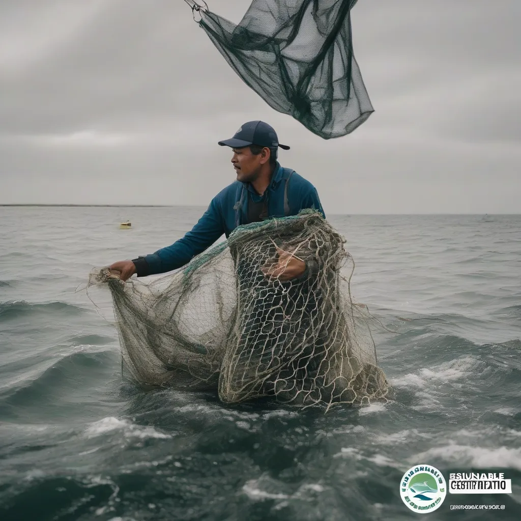 A fisherman bringing in a net full of fish with a sustainable fishing certification logo visible.