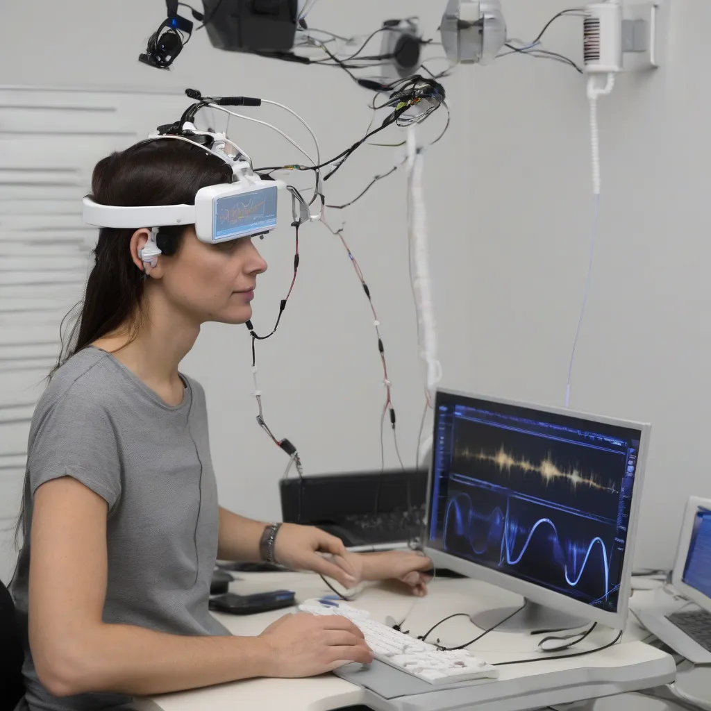 A person undergoing biofeedback therapy with sensors attached to their forehead and a computer screen displaying brainwave activity.