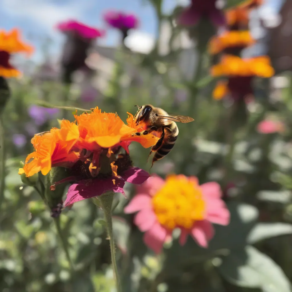 A close-up of a bee foraging on a brightly colored flower in an urban garden.