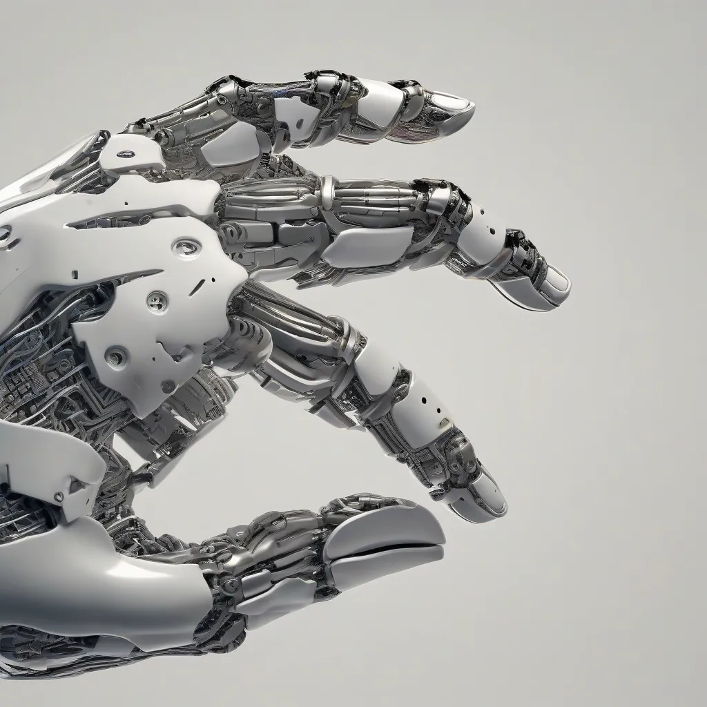 A robot hand gently touching a human hand, symbolizing the connection and empathy.