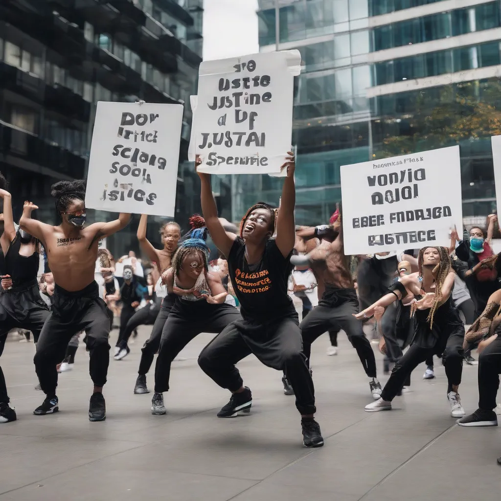 A group of street dancers performing in a public space with signs advocating for social justice.