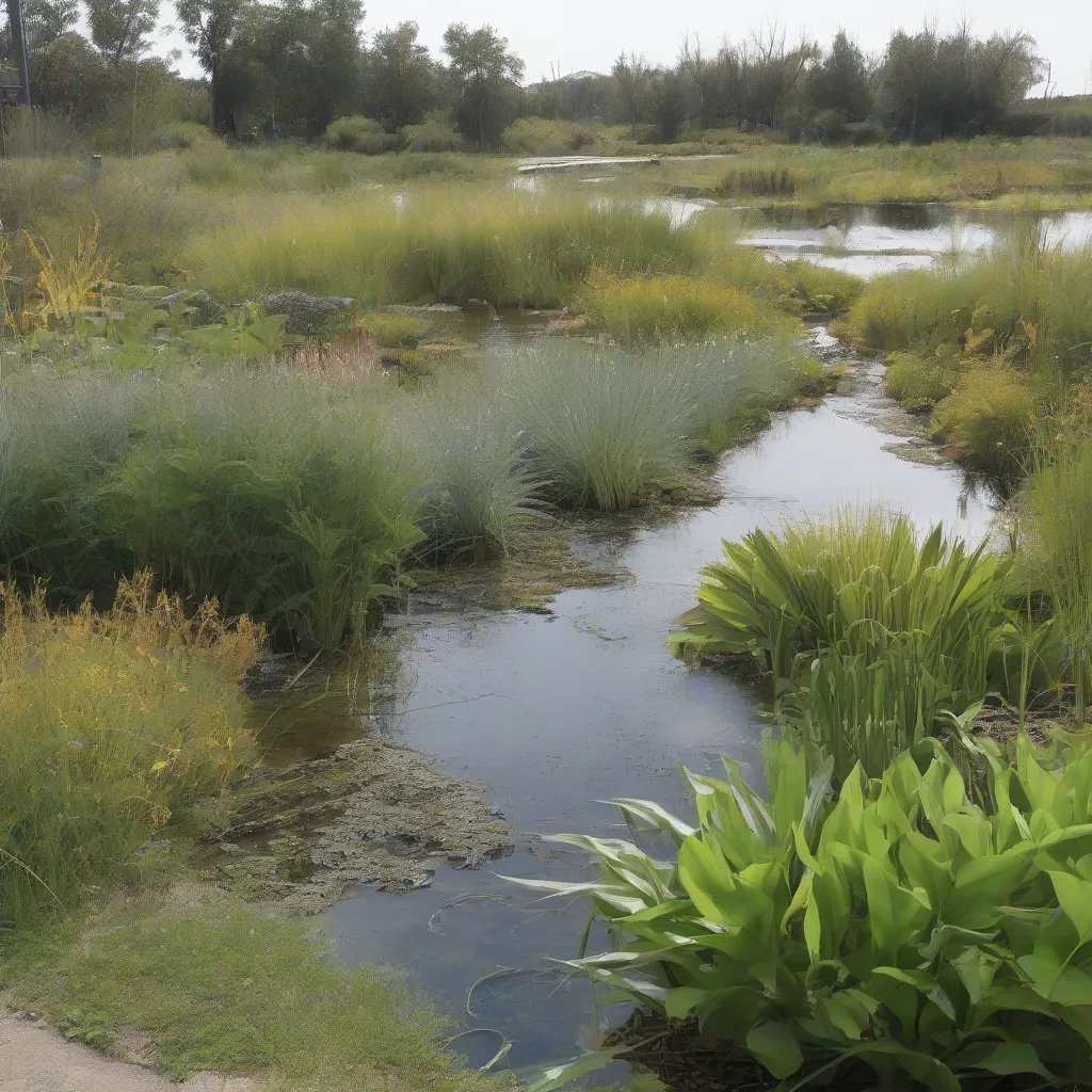 A constructed wetland with various plants and water flowing through it