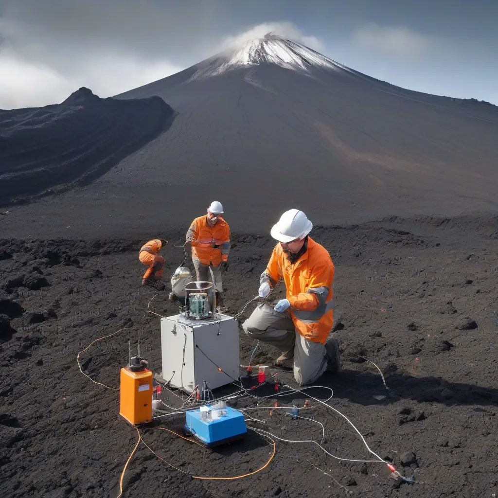 Scientists installing a seismometer near a volcano