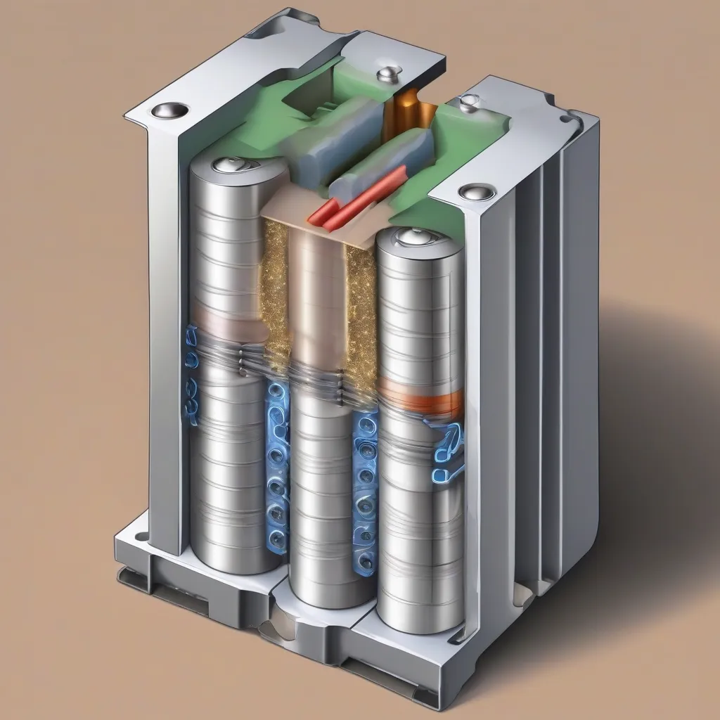 A detailed cutaway illustration of a solid-state battery showing a solid electrolyte between the anode and cathode, highlighting its compact and layered structure.