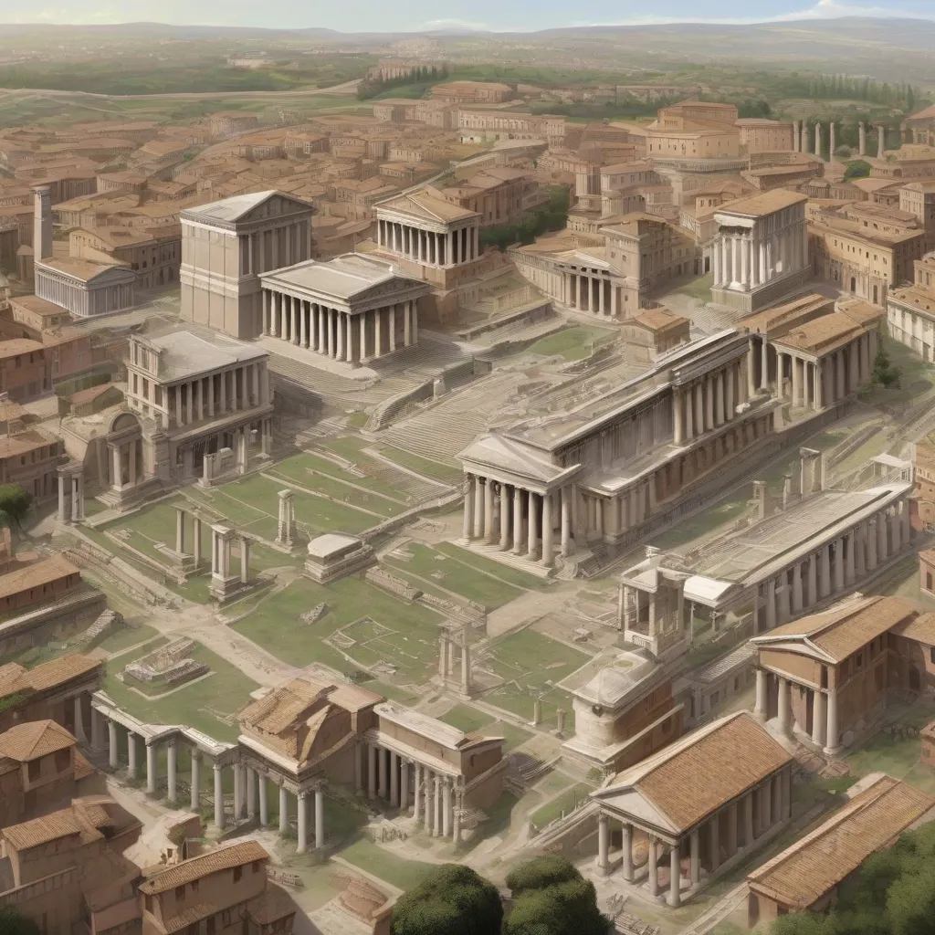 Reconstruction of the Roman Forum, showing temples, basilicas, and public spaces.