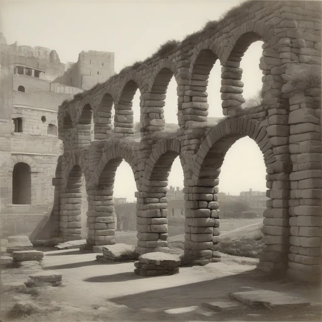 A section of a Roman aqueduct, showing the arches and stone construction, with modern buildings in the background for scale.