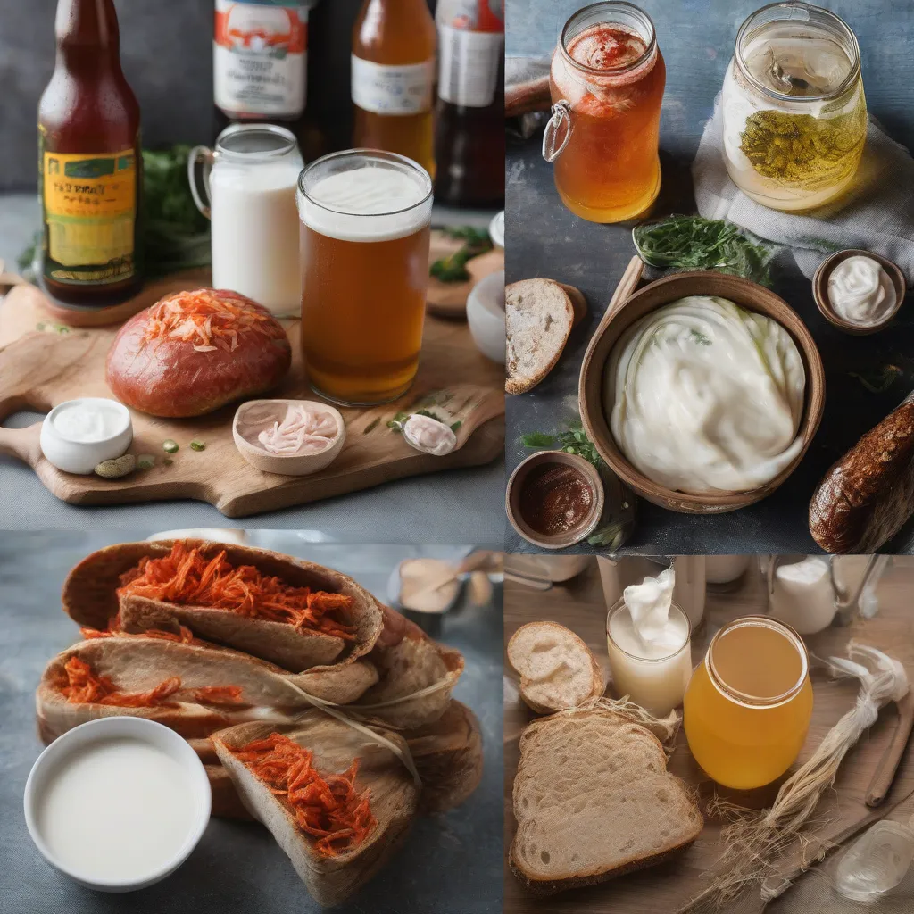 A collage showing different types of fermented foods: kimchi, yogurt, sourdough bread, beer, and kombucha