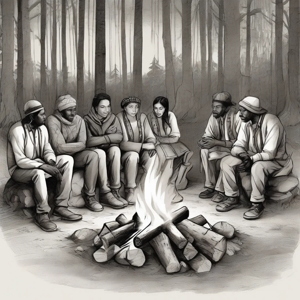 A group of people from different ethnic backgrounds sitting around a campfire, listening intently to a storyteller.