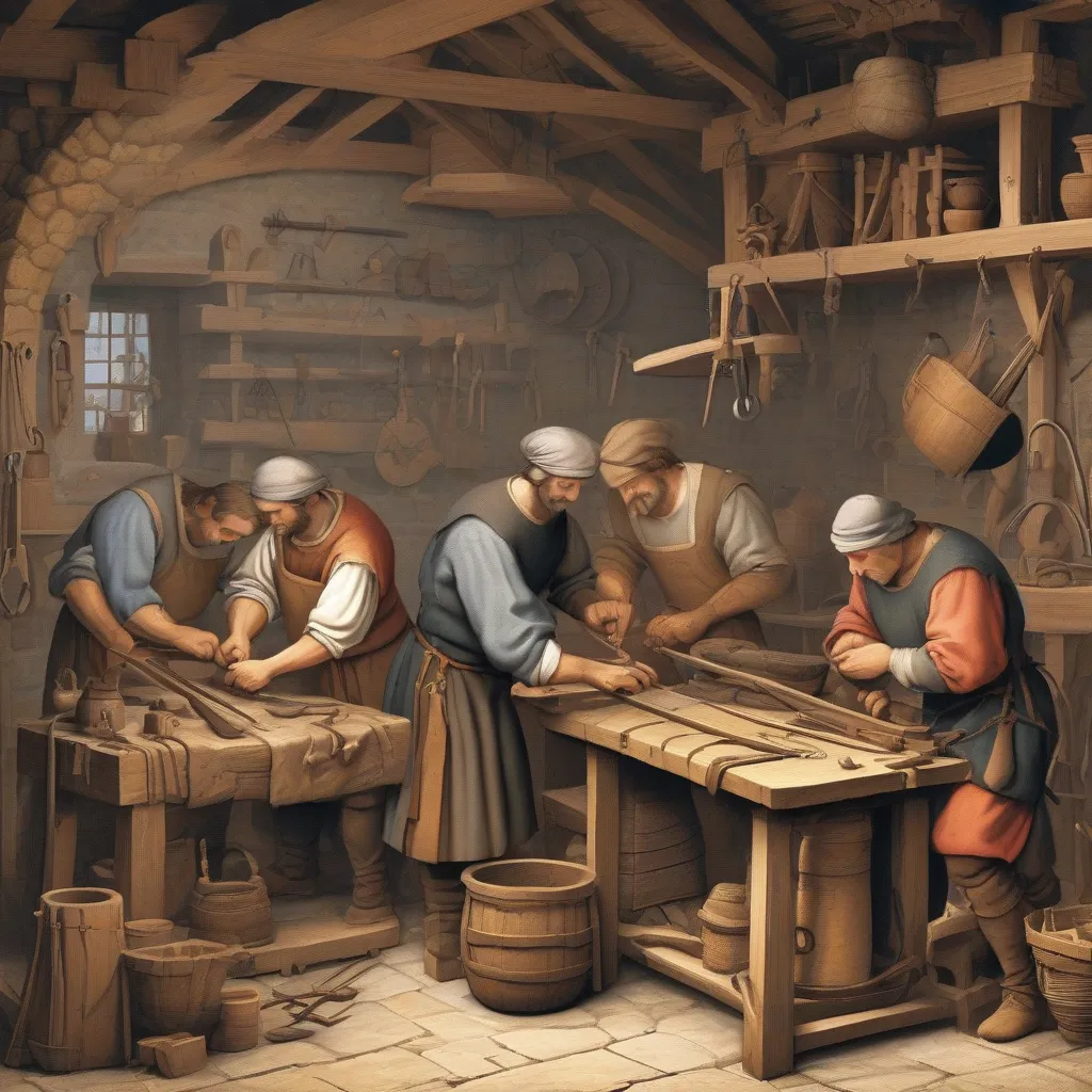 Medieval artisans working in their workshops, showing various crafts like blacksmithing, weaving, and carpentry.