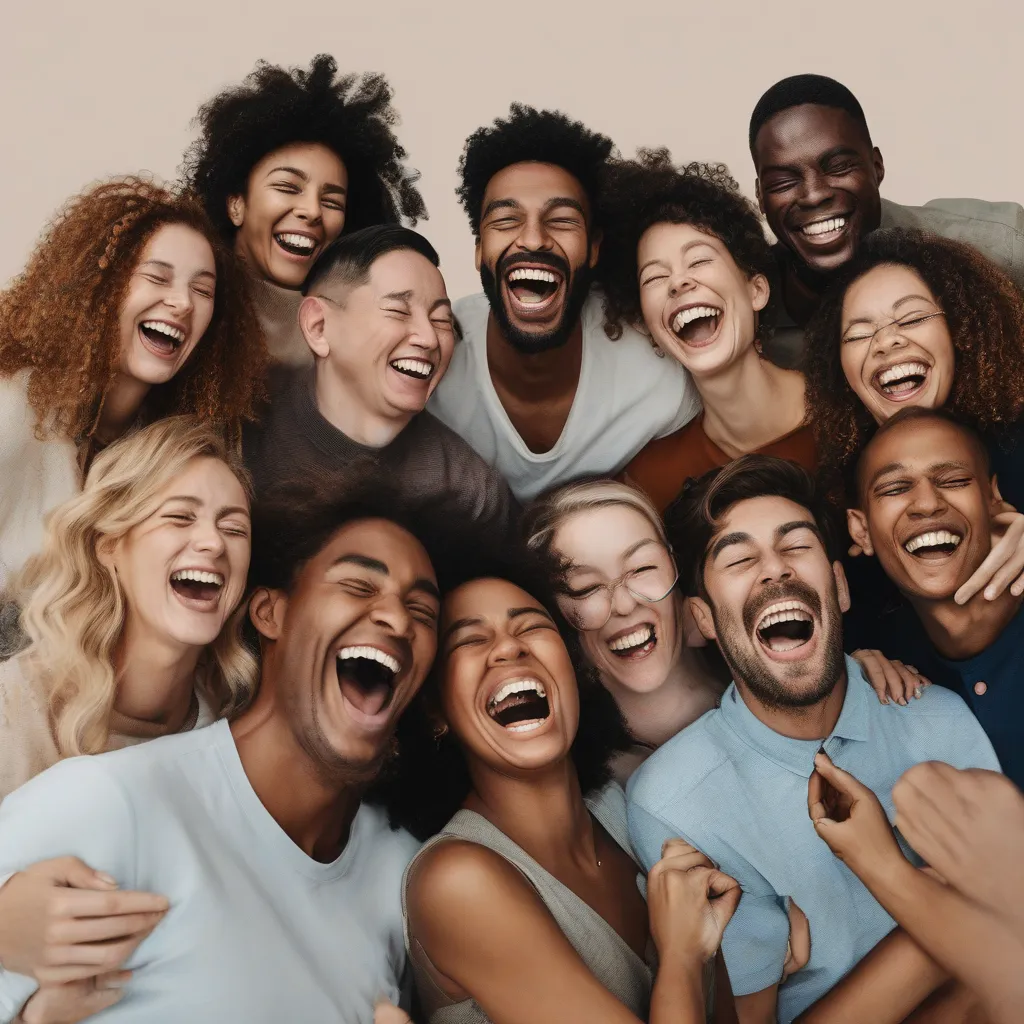 A diverse group of people laughing together