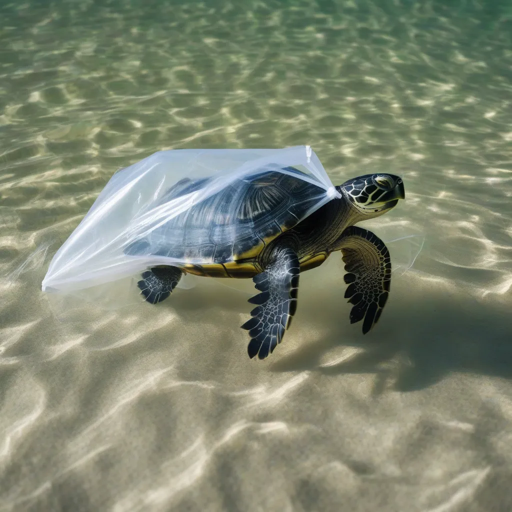 A turtle entangled in a plastic bag underwater