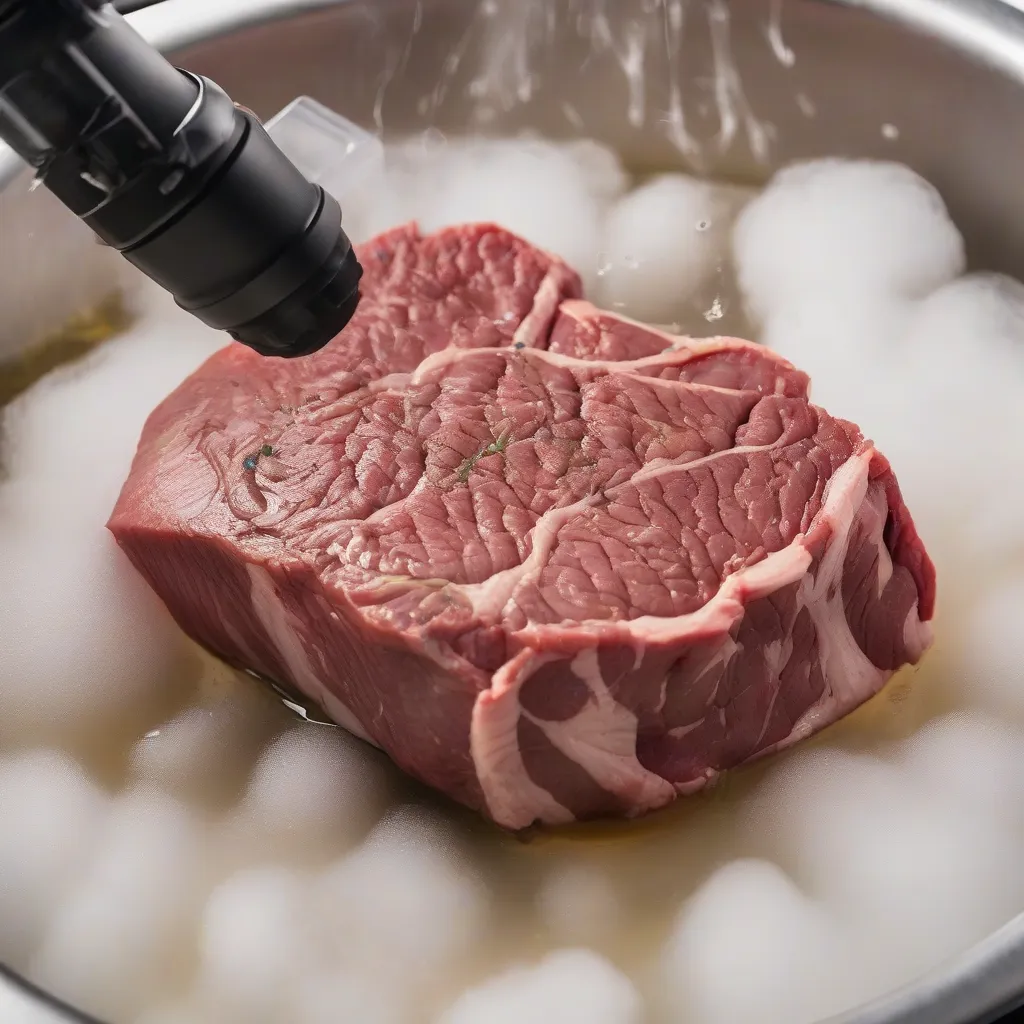 A close-up shot of a vacuum-sealed steak being cooked in a sous vide water bath.