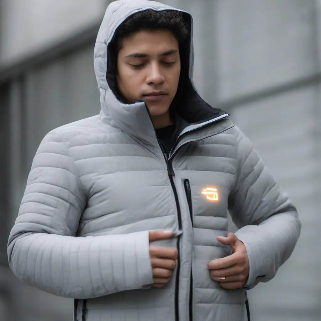 A person wearing a smart textile jacket that displays weather information on its sleeve.