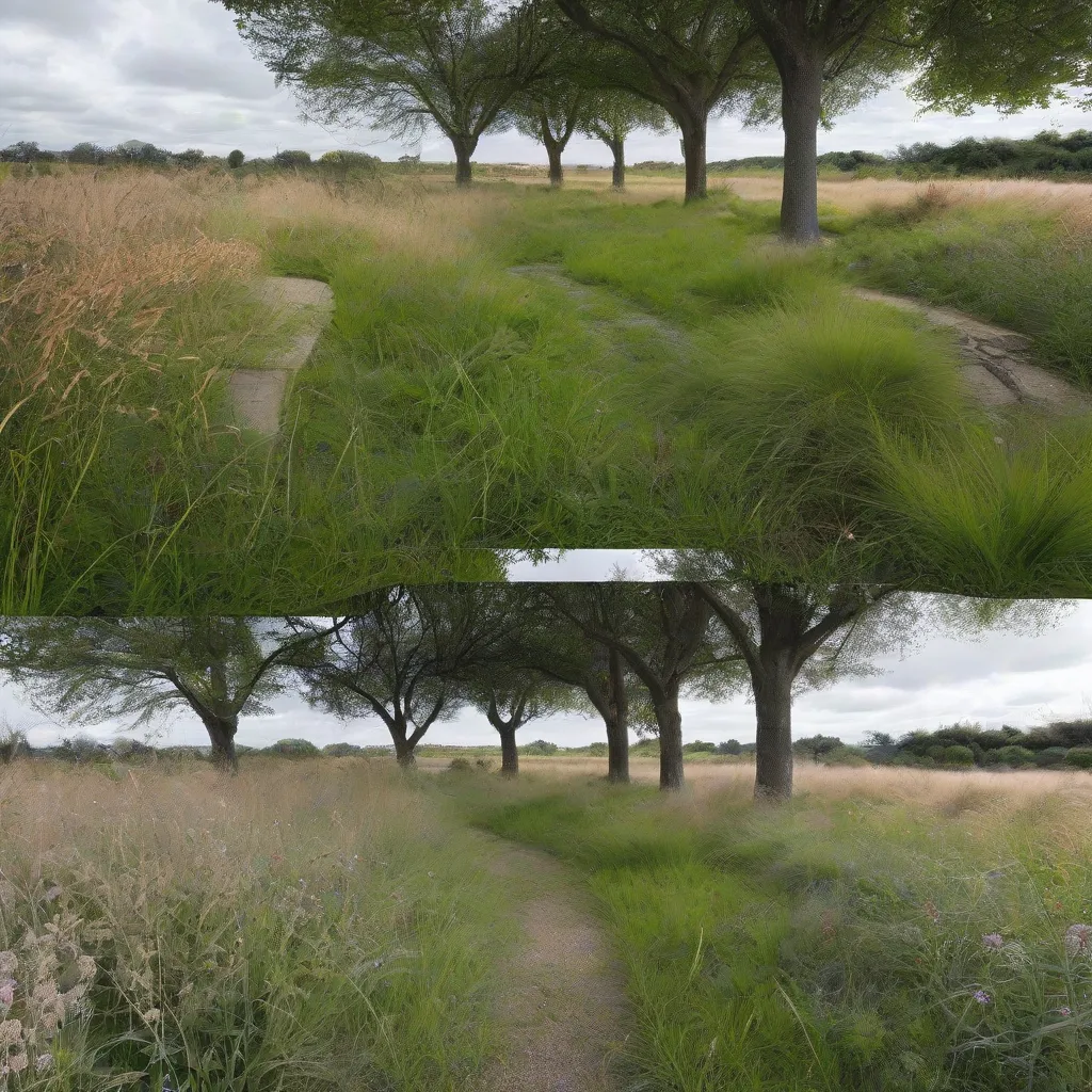 A before and after shot of a manicured park next to a rewilded area with long grasses and wildflowers.
