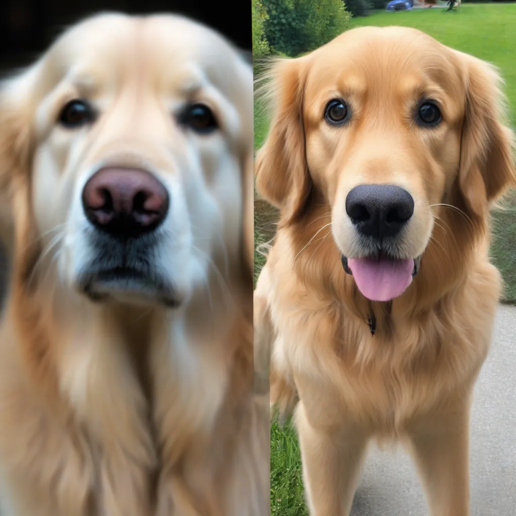 A split image. The left shows a standard golden retriever. The right shows a golden retriever with noticeably larger eyes.