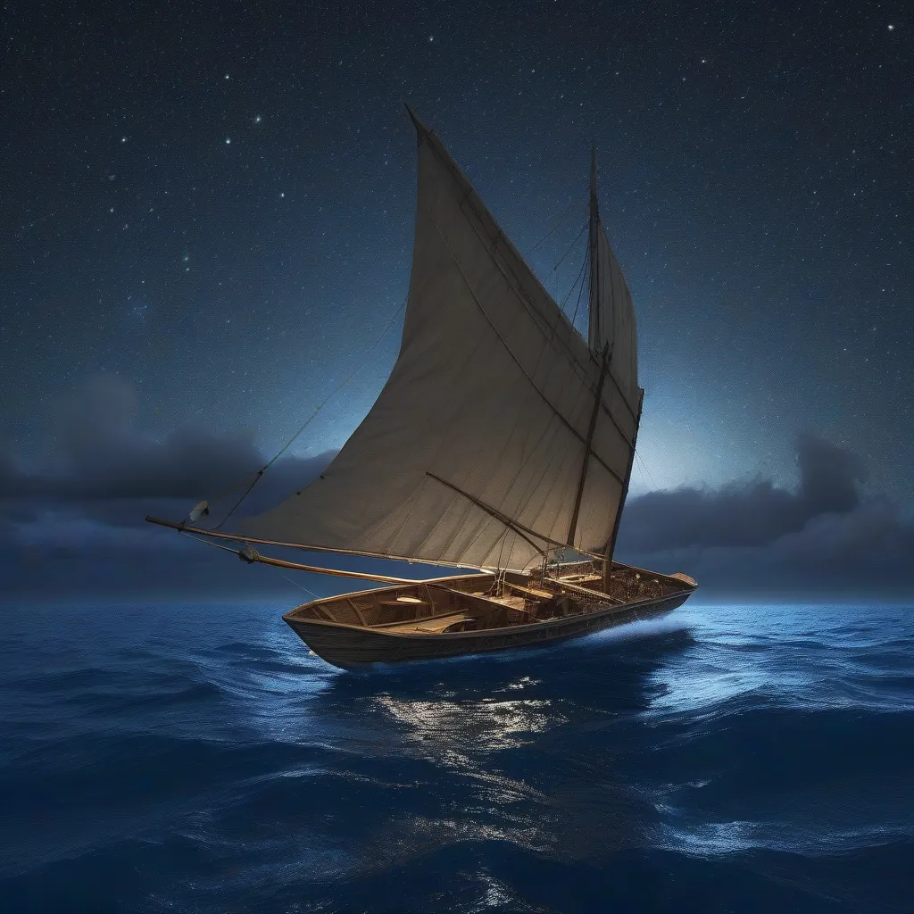 A Polynesian double-hulled voyaging canoe sailing across a starlit ocean