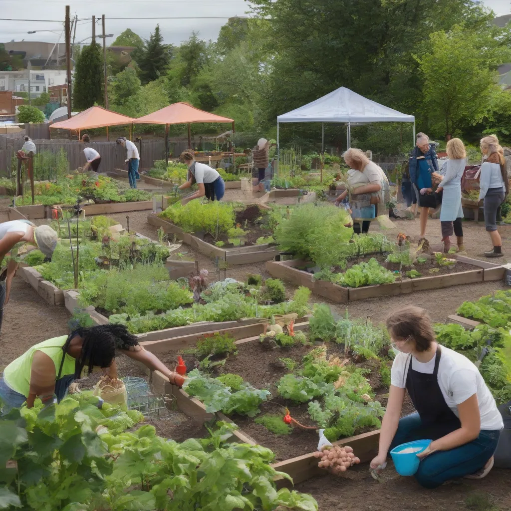 A community garden with people tending to plants, showcasing local food production.