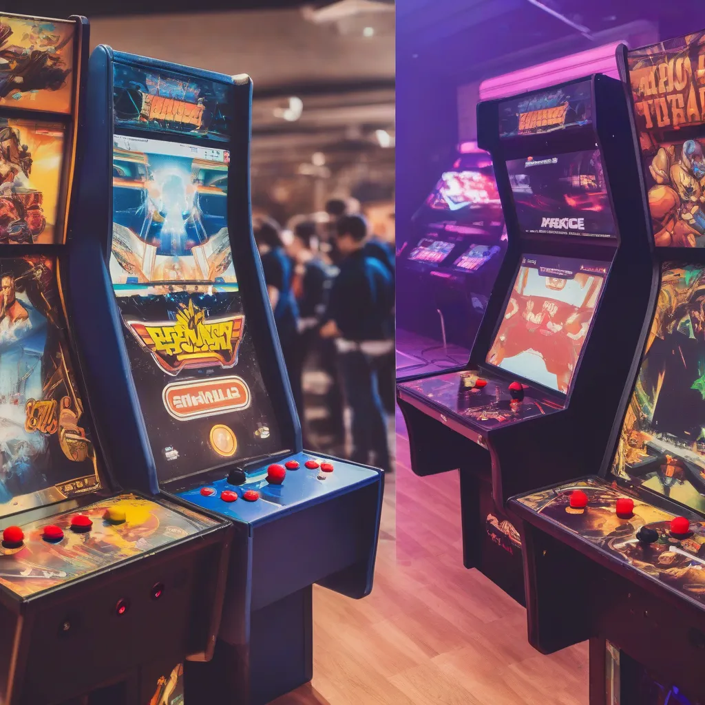 A split image showing a classic arcade game on one side and a modern esports tournament on the other.