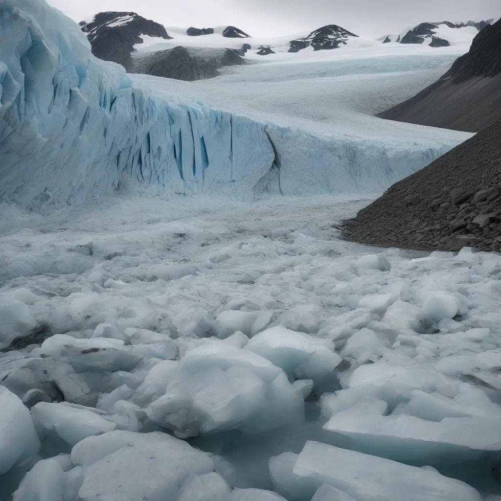 A glacier receding to reveal a rocky landscape.